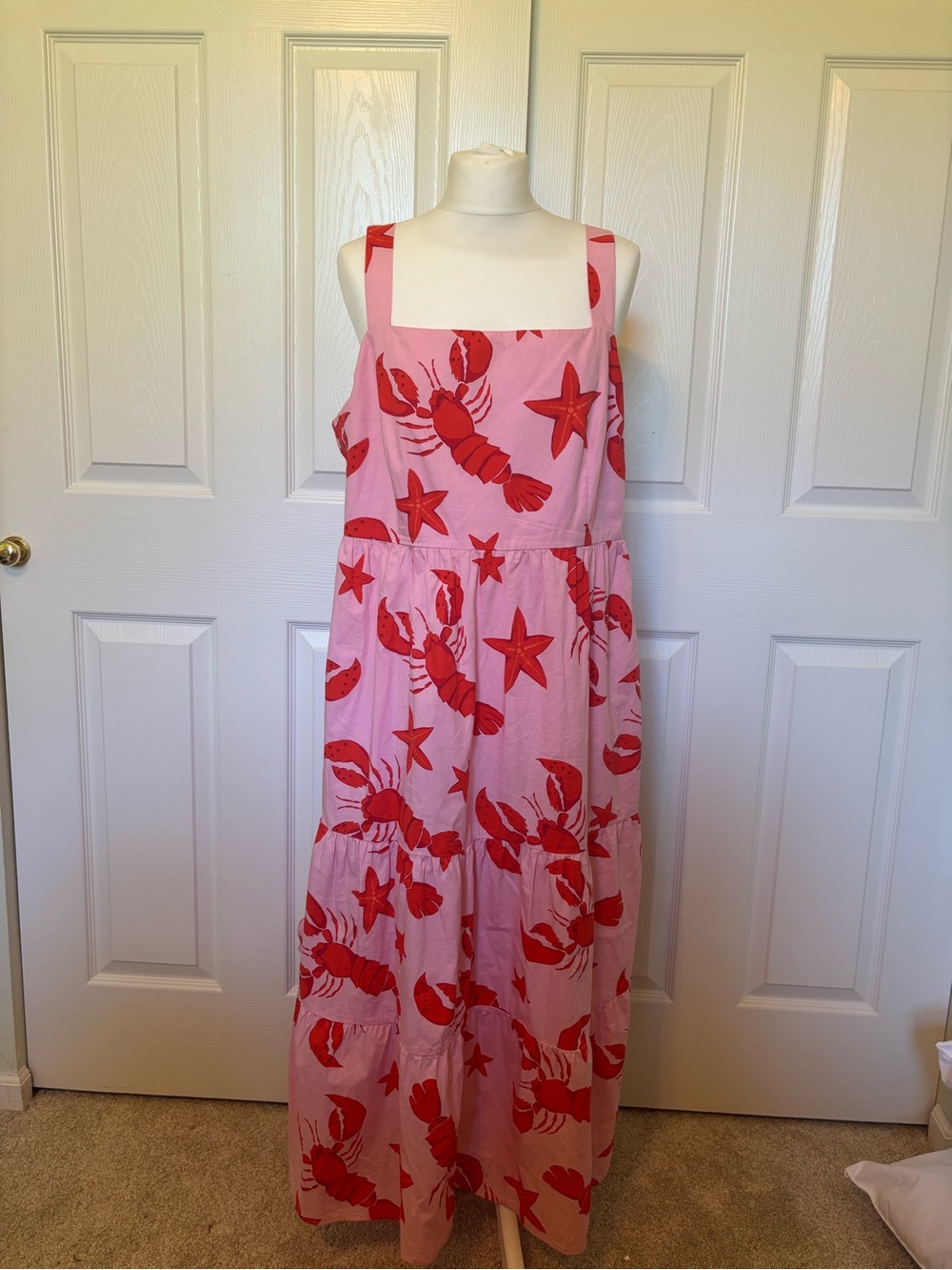 J Crew Women’s Red and Pink Lobster Nautical Tiered Midi Dress Vacation Size 16